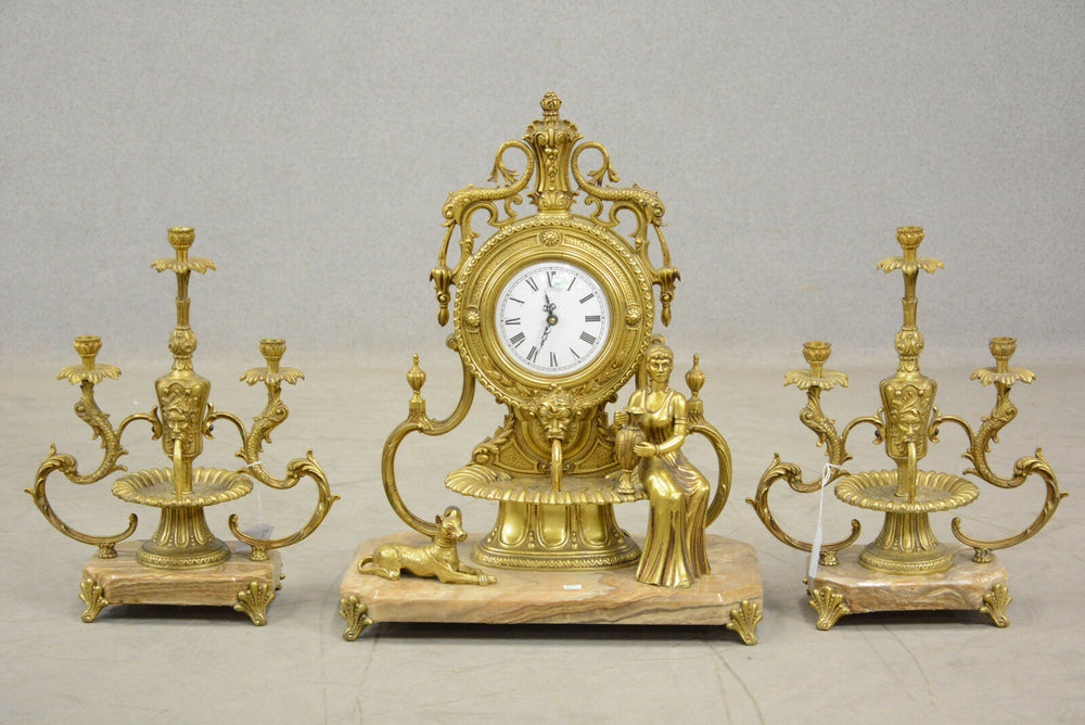 RARE french 1976 marble Lion fountain heads lady dog clock + pair candelabras