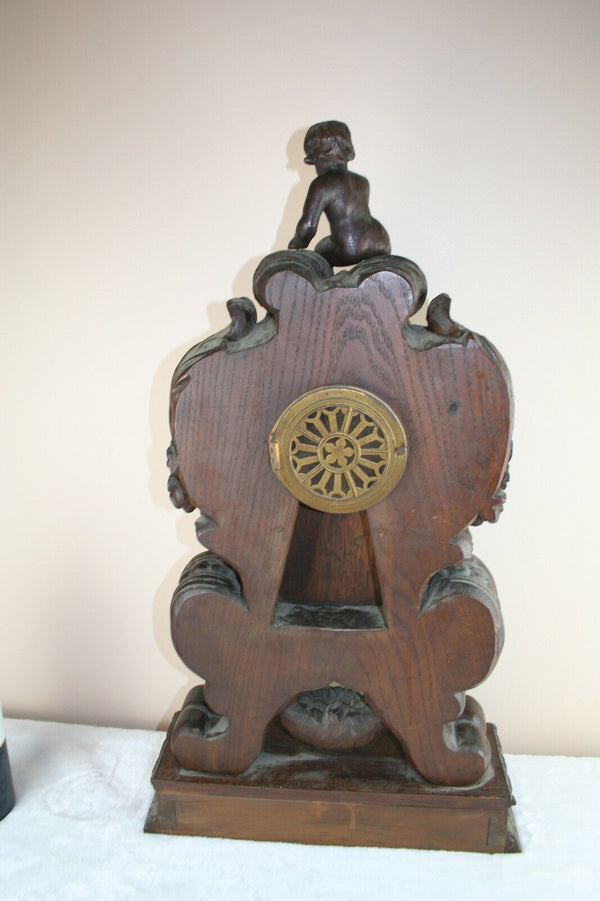 RARE! XXL Wood carved Black forest design Satyr putti 19thc French mantle clock