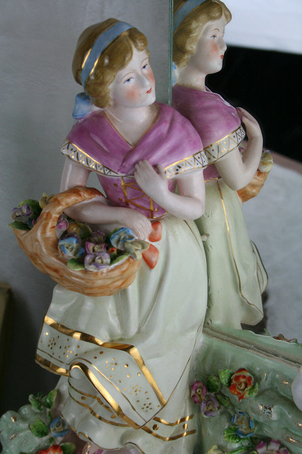 Gorgeous Porcelain majolica flowers Lady figurine bird mirror stairs statue