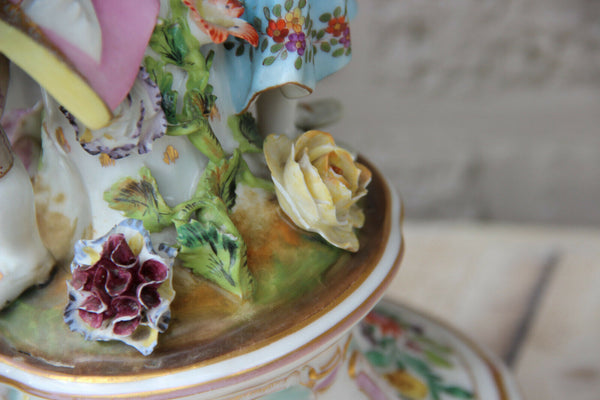 Antique German porcelain marked relief floral decor couple figurines Vase lamp