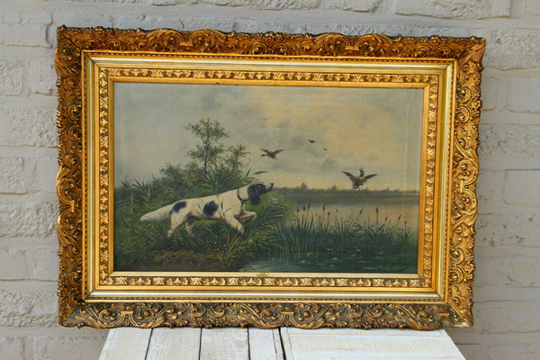 Antique French 1912 Oil Canvas painting hunting dogs field signed