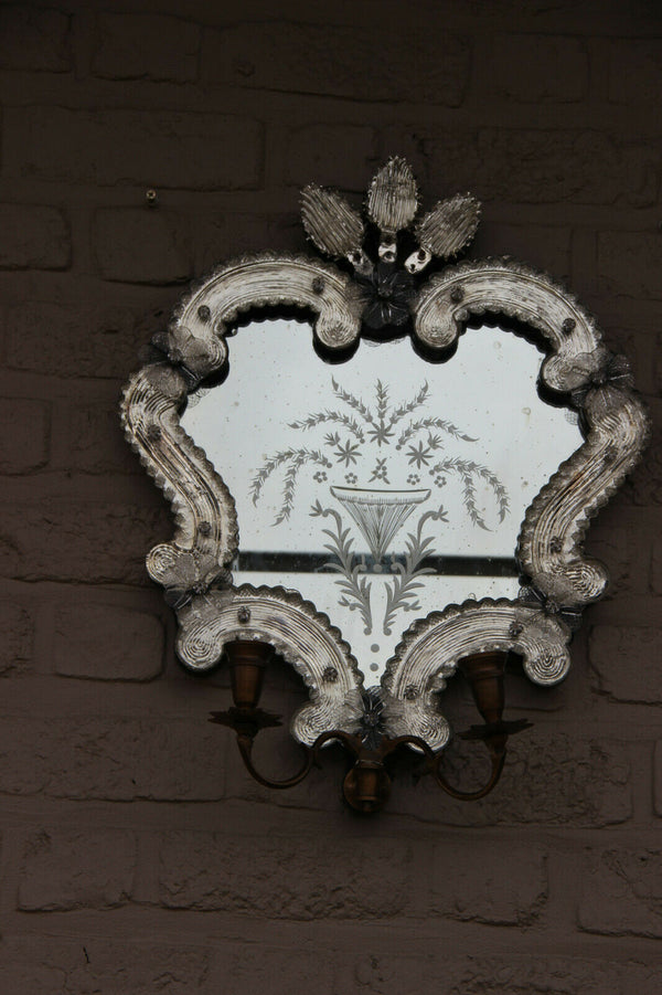 Vintage italian Venetian Glass Wall Mirror with candle holders 1970