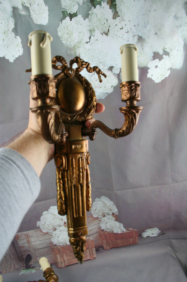 PAIR French Brass regency Bow sconces double arm 1930's wall lights