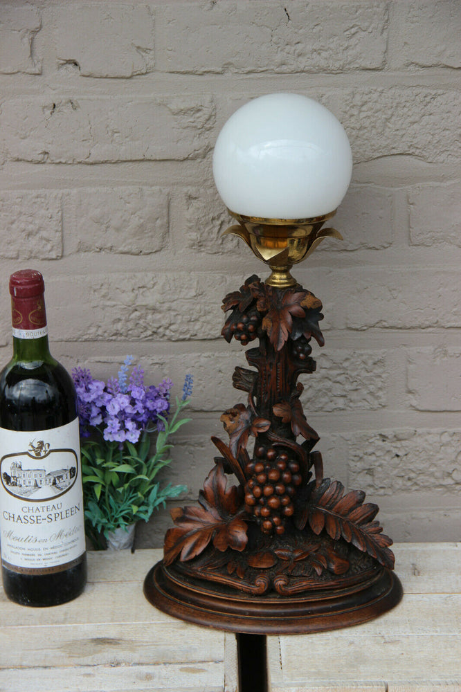 Rare Antique Swiss black forest wood carved table lamp Grape tree floral