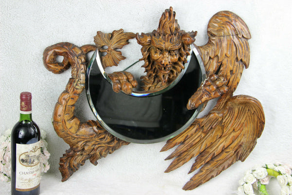 Large Antique French Wood carved dragon gothic head mirror sickle Attr. VIARDOT