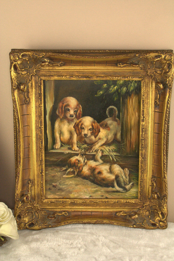 Gorgeous Oil on panel Painting dogs puppies playing signed 1950's