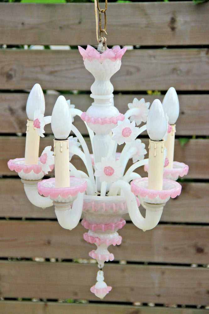 Italian 1970 Pink MURANO hand blown Venetian 5 arms chandelier floral