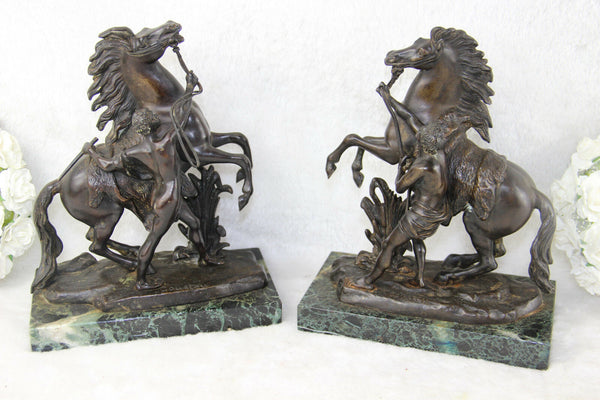 PAIR patinated bronze antique Marly horses marble base signed coustou