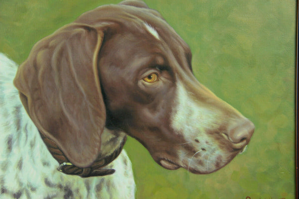 Vintage French oil canvas pianting Pointer hunting dog portrait signed