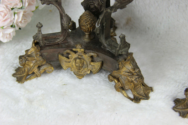 PAIR antique 19thc Bronze empire lion heads tripod cassolettes urns vases