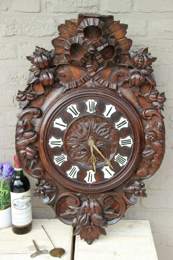 XL Top antique BLACK FOREST wood carved Wall clock Floral decor