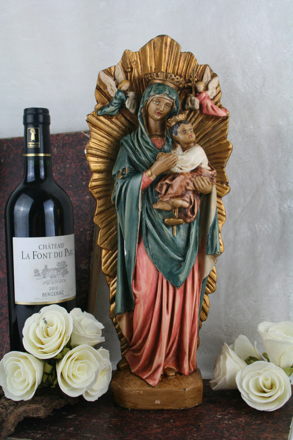 Antique French Plaster polychrome rare Madonna Mary putti angels statue figurine