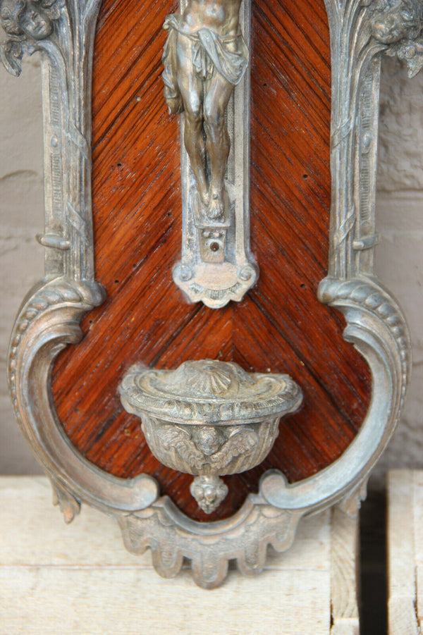 Antique French bronze wood inlaid putti head crucifix holy water font religious