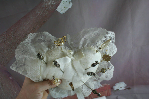 Antique Hat Pin Cushion or Pillow, Satin with Lace Overlay circa 12 pins