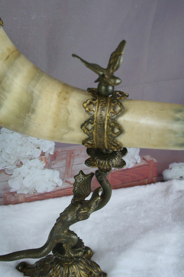 PAIR antique Cornucopia horn Gothic dragon chimaera with eagle on top rare