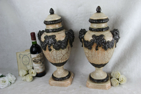 PAIR XL ceramic Faience craquele VASES satyr devil heads 1930 French