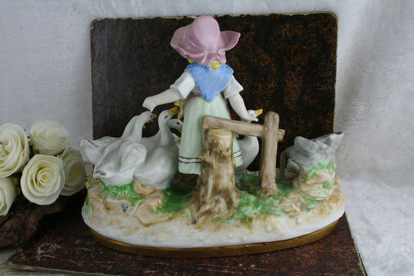 VTG German porcelain marked Figurine girl goose kitten group 1960's