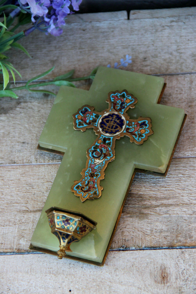 Antique Religious Holy water font cloisonne cross onyx marble