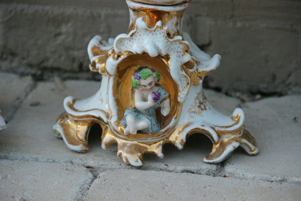 PAIR XL French vieux paris porcelain vases figurines birds floral Attr. petit