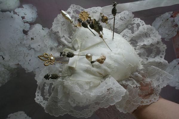 Antique Hat Pin Cushion or Pillow, Satin with Lace Overlay circa 12 pins