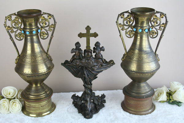 RARE antique religious Holy water font Vases set Putti Devil Dragons set church