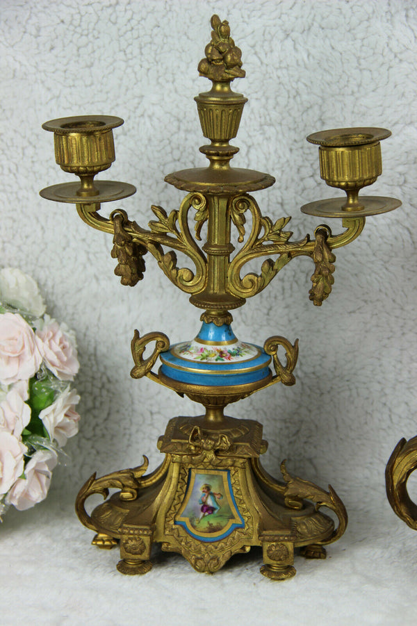 Antique 1860 SEVRES porcelain putti floral plaques clock set candlelabras