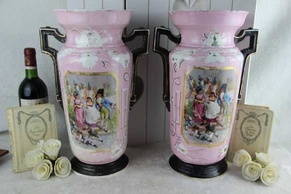 PAIR XL French antique faience Rose napoleon scene Vases 1920