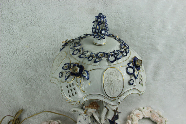 German PLAUE schierholz porcelain Lamp group figurines dancing blue white signed