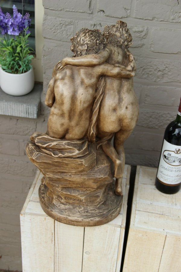 huge antique terracotta Faun Bacchus nymph Statue group after CLODION marked