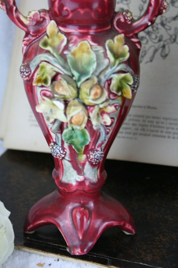 Antique French 1900 art nouveau Barbotine Majolica Vases Set center piece