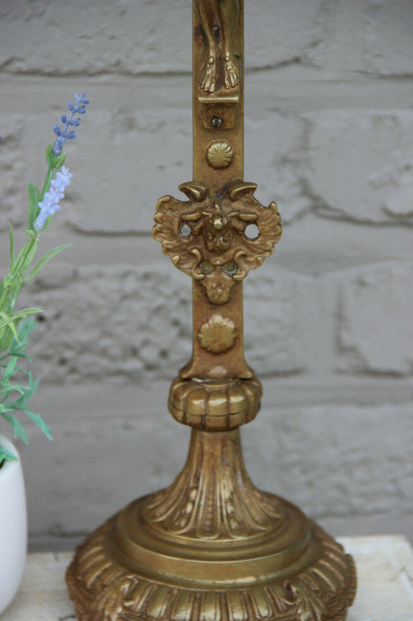 Large Antique French religious bronze crucifix cross putti neo gothic church