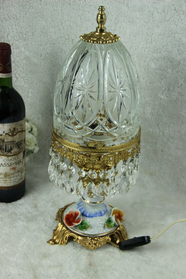 Vintage French crystal glass cut lamp porcelain flowers lamp