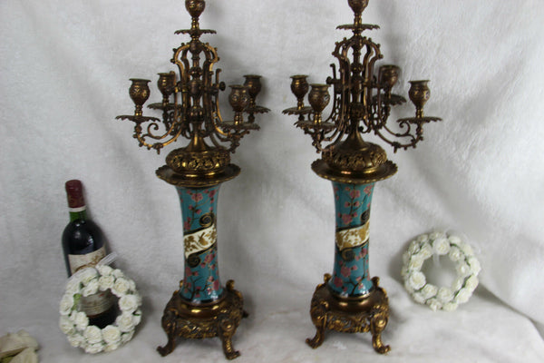 Pair french antique faience candelabras candle holders