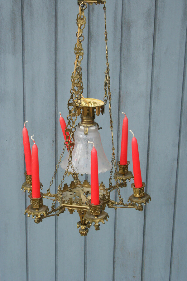 Antique Neo-Gothic Church Religious bronze French chandelier candleholder 1920