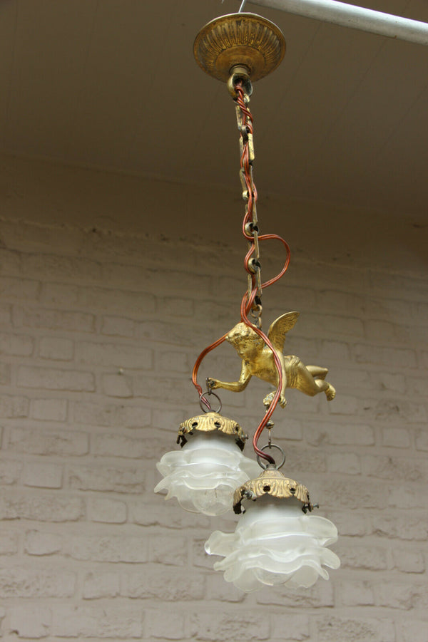 French Antique Bronze Angel putti tulip shade pendant lamp candelier