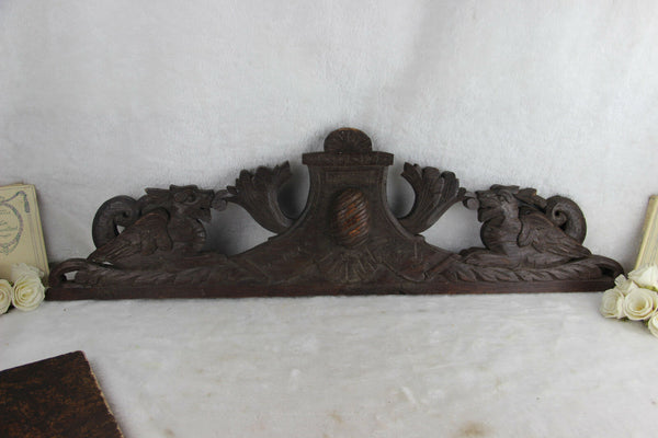French antique wood carved dragon griffin pediment cabinet fronton gothic