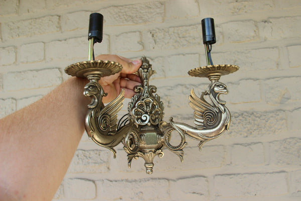 PAIR vintage Brass silver patina Dragon gothic castle sconces wall lights 1960