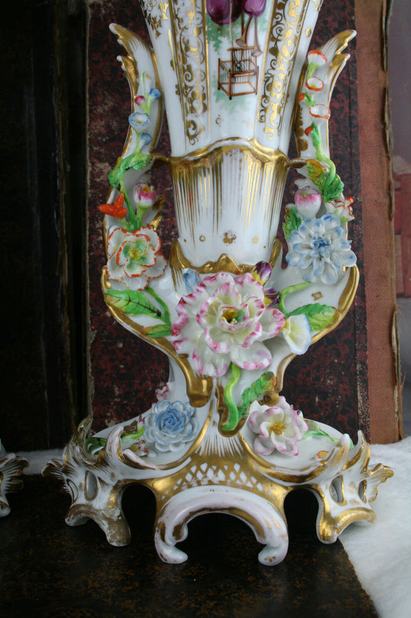 PAIR VIEUX paris porcelain 19thc French Vases Majolica flowers Attr. jacob petit