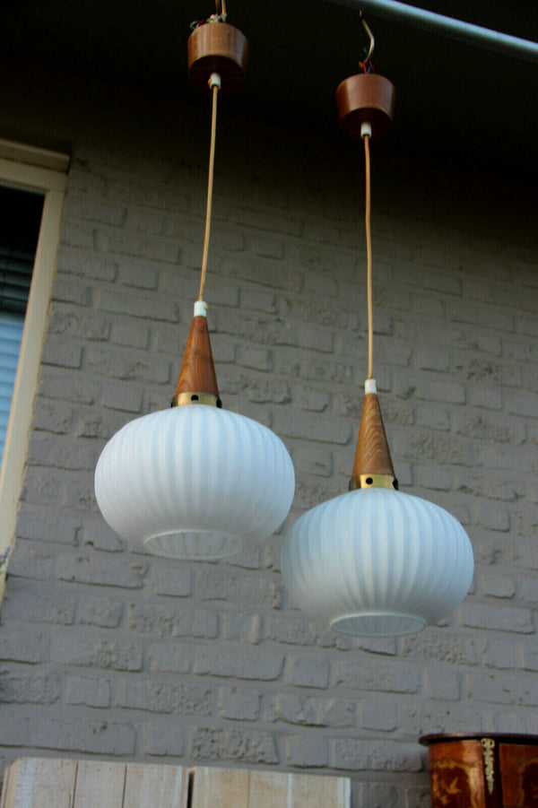 PAIR Retro 1970 Scandinavian teak milk glass shades pendant lamp chandelier