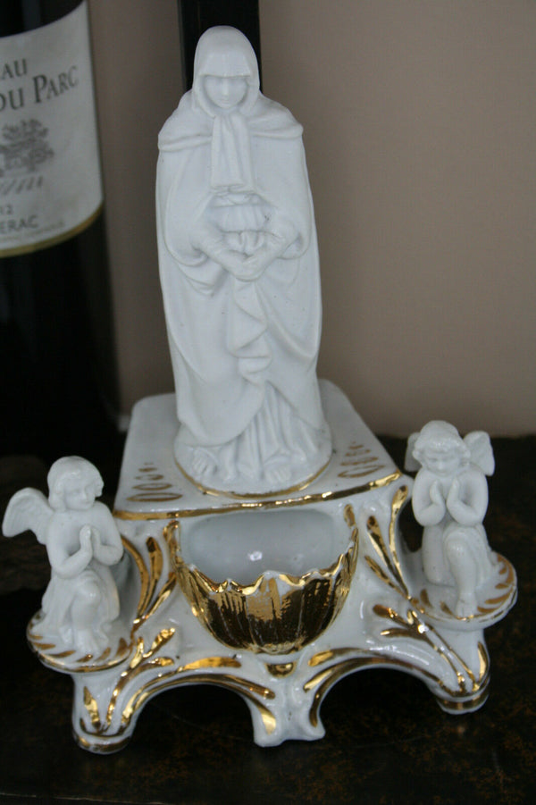 French antique Religious Bisque porcelain holy water font crucifix angels putti