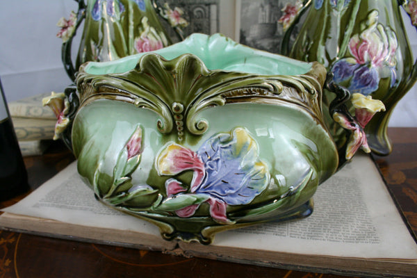 BARBOTINE VASES set Art nouveau 1900 France floral majolica 3 pieces