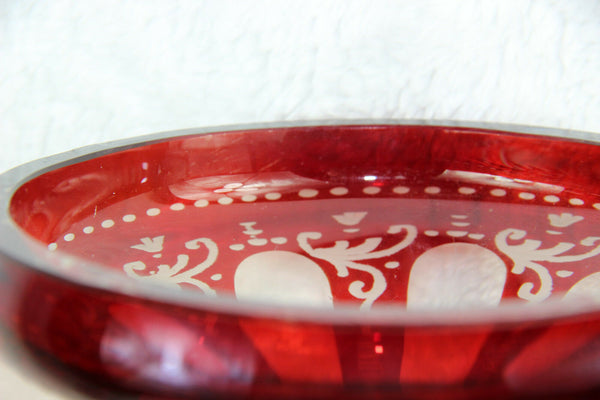 Huge Bohemian Czech crystall art glass etched Hunting dog deer ruby red vase