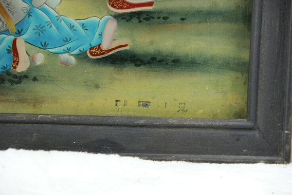 Antique Chinese eglomise reverse oil glass painting children playing signed