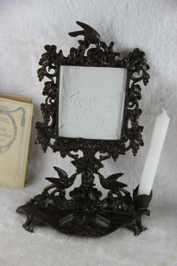 Rare Antique Porcelain Lithophane in empire Cast iron stand bird candle 1920's