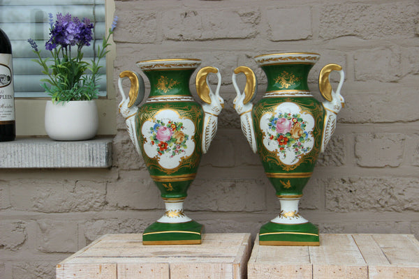 Antique Pair French vieux paris porcelain Floral vases Empire swan handle