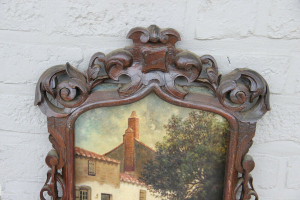 Rare antique black forest wood carved Frame with oil panel painting chickens