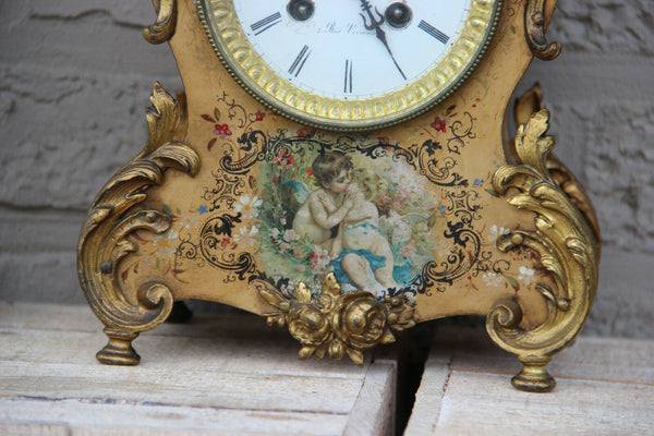 Antique French parisian mantel clock putti angel portrait scene floral decor