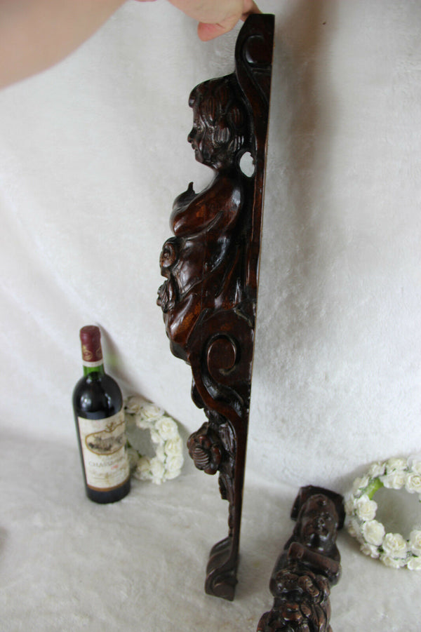 Antique PAIR French wood carved putti Angel panels cabinet parts baroque