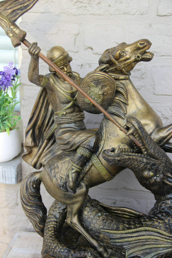 Antique XL French Group Terracotta Saint George Dragon Statue religious