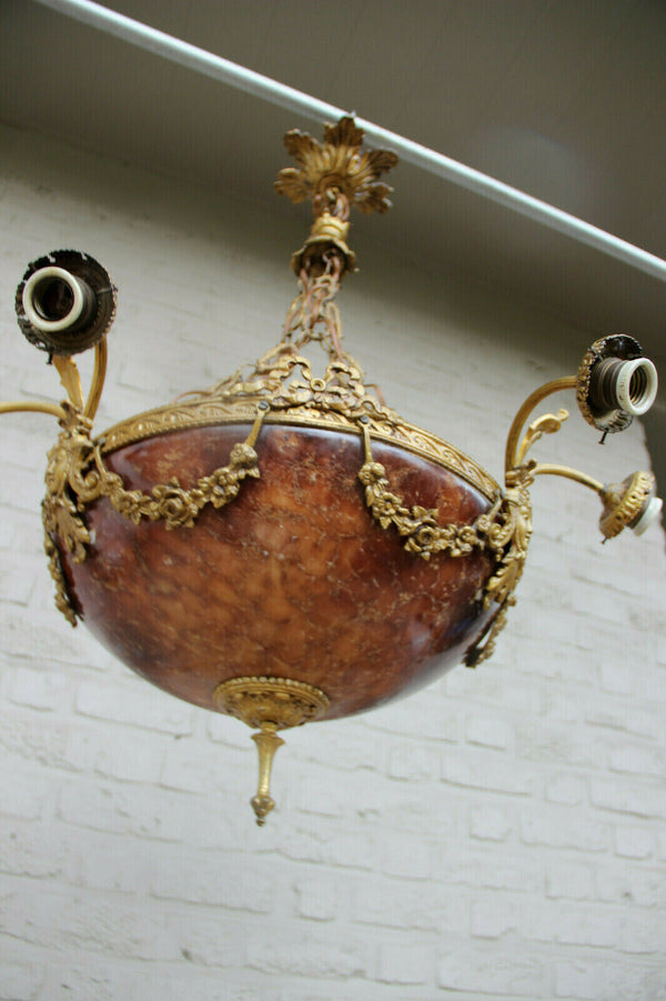 Top Antique French  Alabaster coupe bowl caryatid heads Chandelier amber